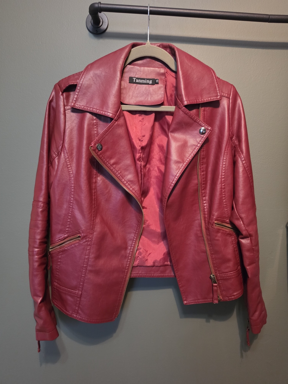 Red Faux Leather Moto Jacket - Women